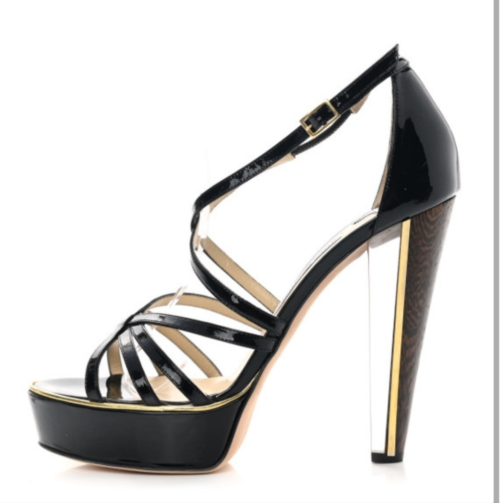 Jimmy Choo Black Patent Leather Platform Sandals with Wood-Effect Heels - Picture 3 of 16